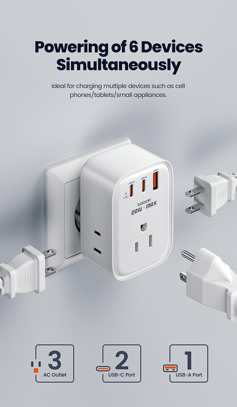 USA to Europe International Plug Adapter, Toocki Travel Adapter, (Single C port 20W Max, USB-A port 18W Max) with 3 AC, 2 USB-C, and 1 USB-A Port, Ideal for iPhone 15, iPad Air, and More,for USA to EU Germany France Iceland Italy  Greece fast charge