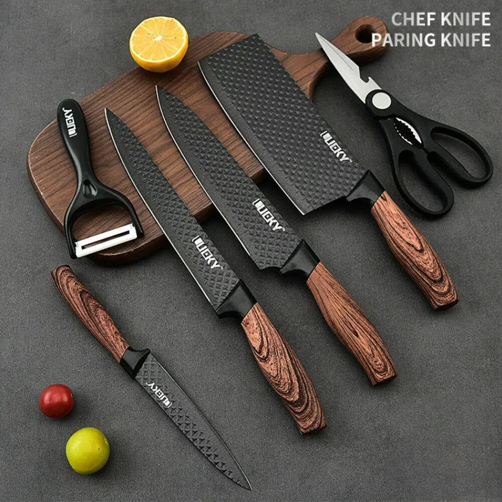 【BackToSchool】6/7 Piece Sharp Kitchen Chef Knife Set, Non-Stick Stainless Steel Cooking Meat Knives, Ergonomic Wood Handle, Multipurpose Knives & Scissors for Daily Kitchen Prep
