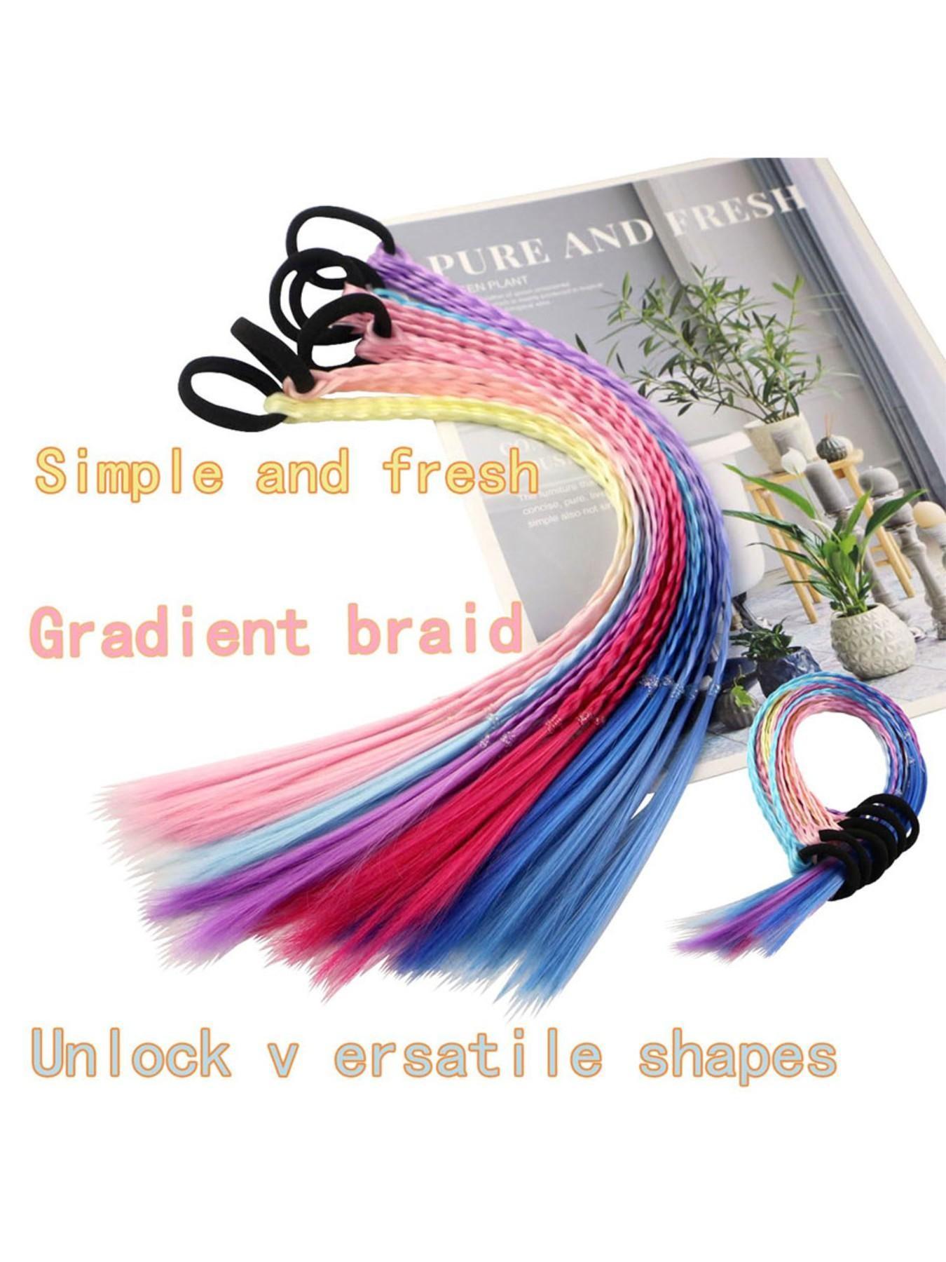 Girls' rainbow braid hair extensions, children's ponytail hair extensions, girls' hair accessories, challenging braid hair extension styles, 6 crazy accessory headbands