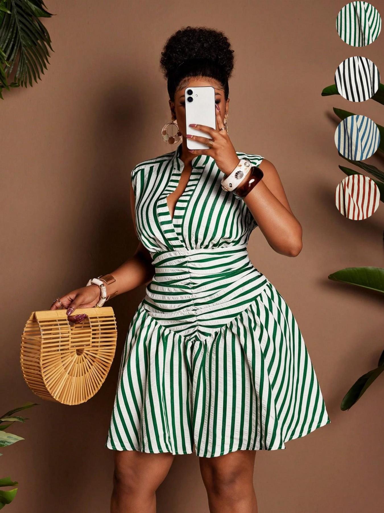 Plus Size Women's Striped Notched Neck Sleeveless Dress, Waist Cinched A-Line Short Dress, Summer Casual Fashion, Casual Wear