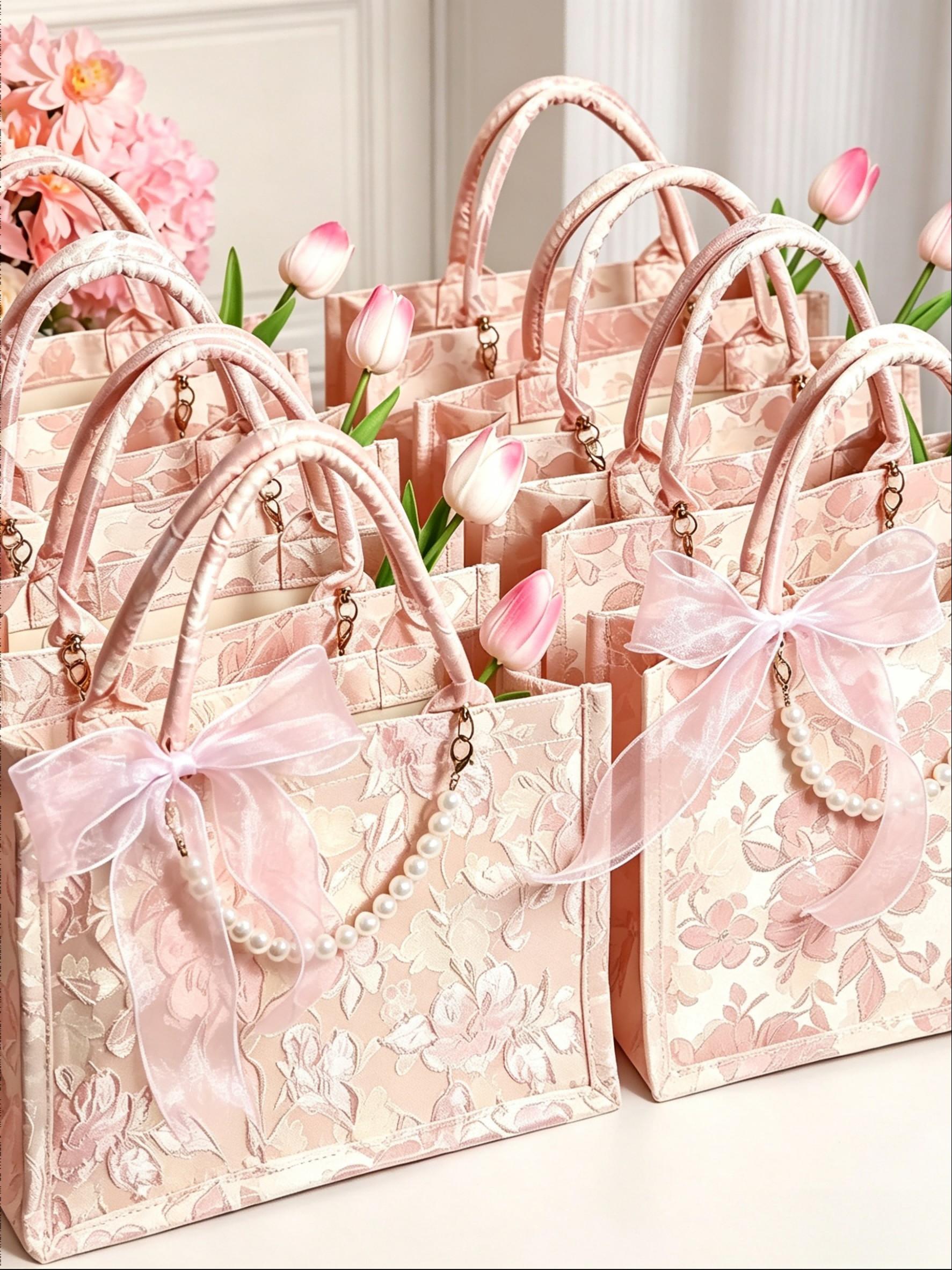 1 Set Exquisite Embroidered Gift Handbag Set with Ribbon, Tulip & Card | Vintage Floral Design Party Souvenir | Professional Gift Packaging for Festivals & Celebrations