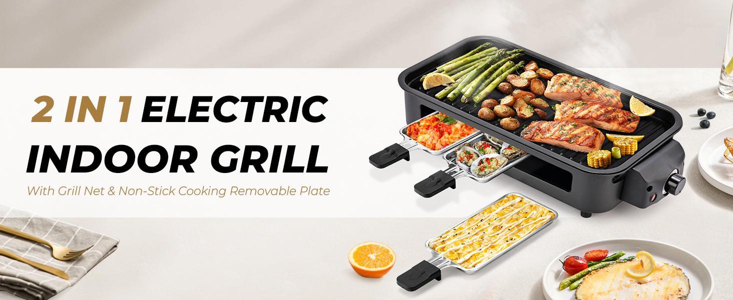 Pukomc Compact electric indoor grill with 5 heat settings, non-stick coating & removable drip tray. Dishwasher-safe for easy cleaning—ideal for quick, smokeless BBQ anytime.
