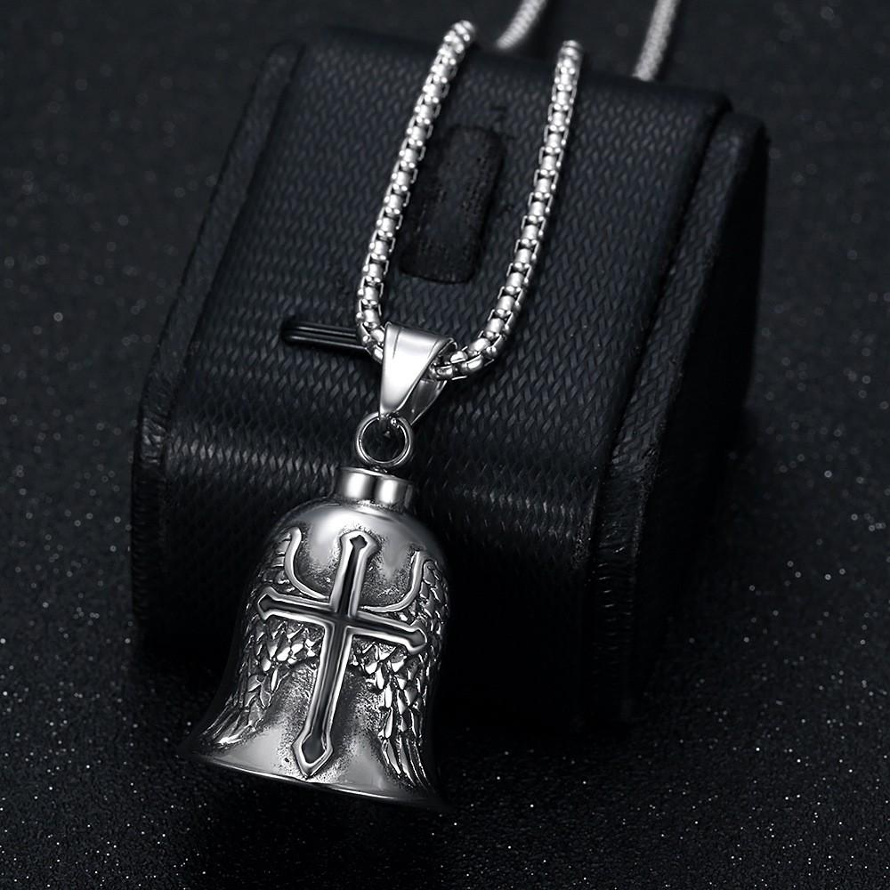 Punk Retro Men's Motorcycle Style Angel Necklace, Bell Drop Cross Pendant, Feather Wings Design, Vintage Fashion Jewelry