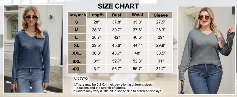 VILIGO Women's 4-Pack V-Neck Long Sleeve Shirts – Soft, Comfortable, Curved Hem Basic Tops in Multiple Colors for Casual Wear