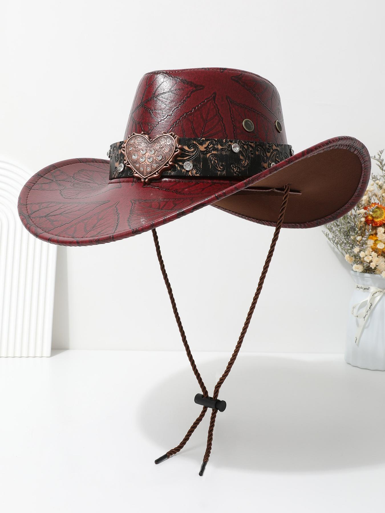 Vintage Heart-Shaped Rhinestone Leather Classic Cowboy Hat, Western Paisley Pattern Sun Hat, Unisex Daily Wear Party Cap