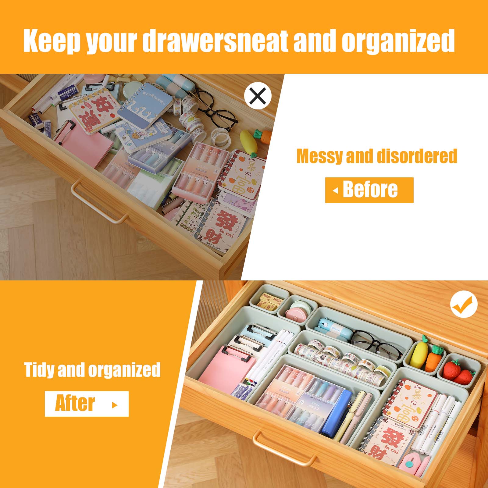 16-Piece Plastic Drawer Organizers Set - 4 Sizes, Versatile Storage Bins for Bathroom Vanity, Kitchen Utensils, Makeup, Office Supplies, Lightweight Sturdy, Bakeware