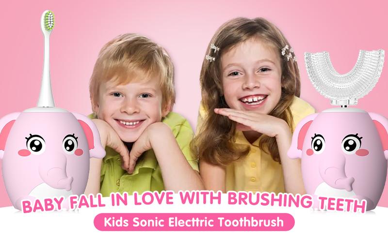 Kids Electric Toothbrush U Shaped auto brush Children Rechargeable Sonic Toothbrush Toddler baby toothbrushes kit travel toothbrush kids gift Oral Care Tools Dental Cleaner Blue Elephant (2-6 Years Old) Christmas gift