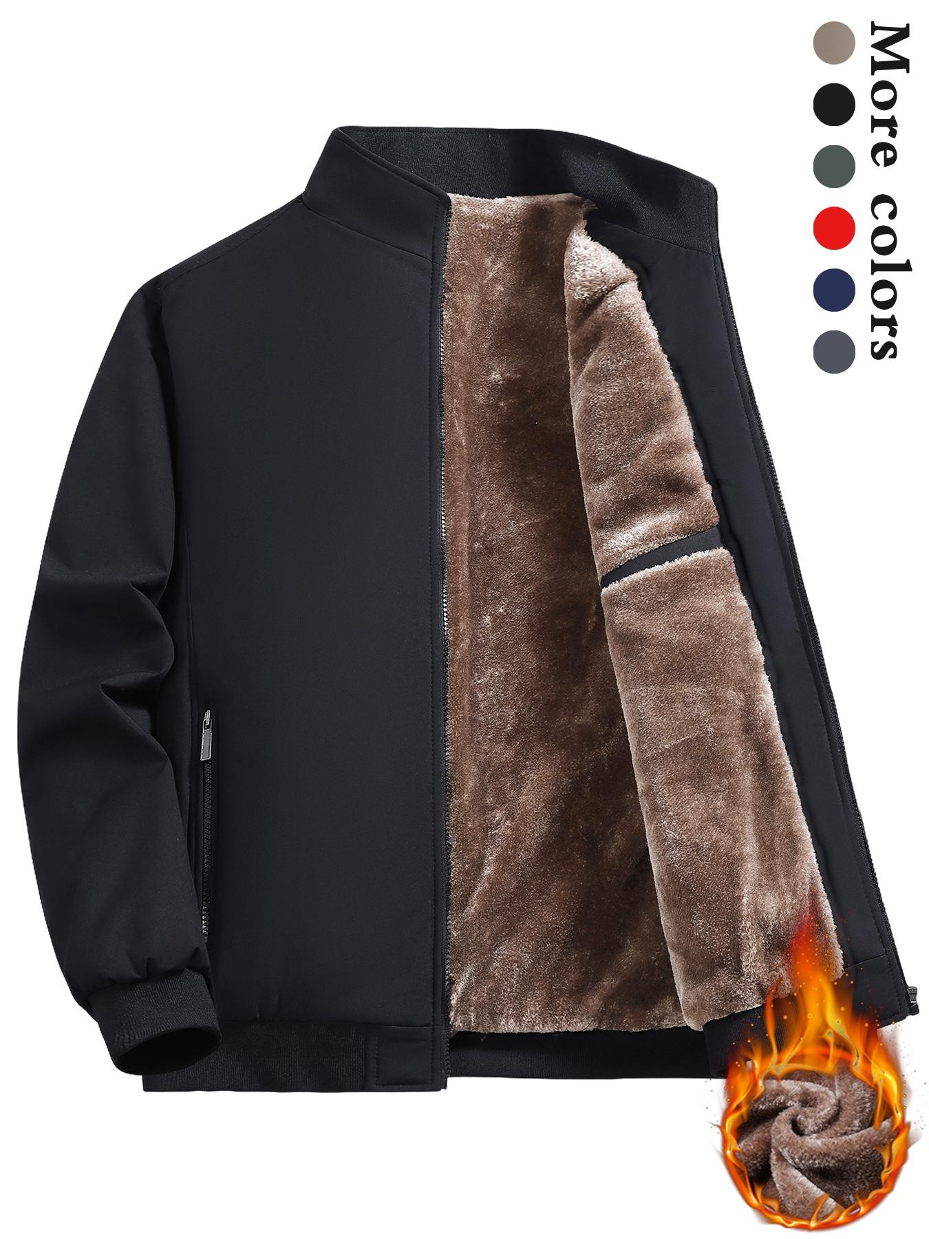 Men's Solid Color Plain Zip Up Thermal Lined Jacket Coats, Regular Fit Fitted Casual Long Sleeve Short Outerwear for Fall & Winter, Men's Clothes for Daily Wear