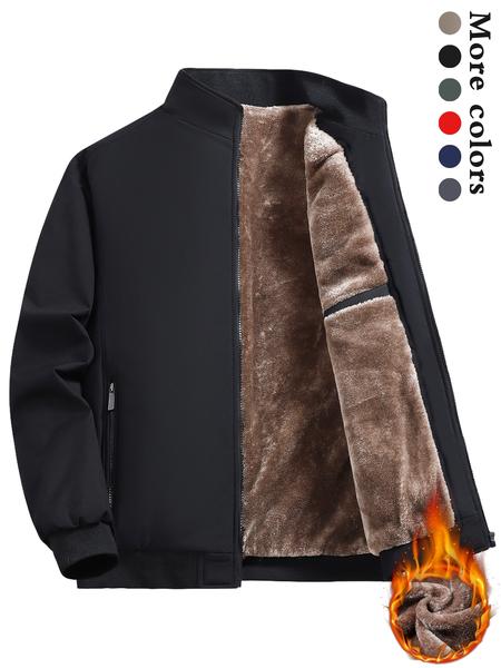 Men's Solid Color Zip Up Thermal Lined Jacket, Regular Fit Casual Long Sleeve Outerwear for Fall & Winter, Men's Clothes for Daily Wear