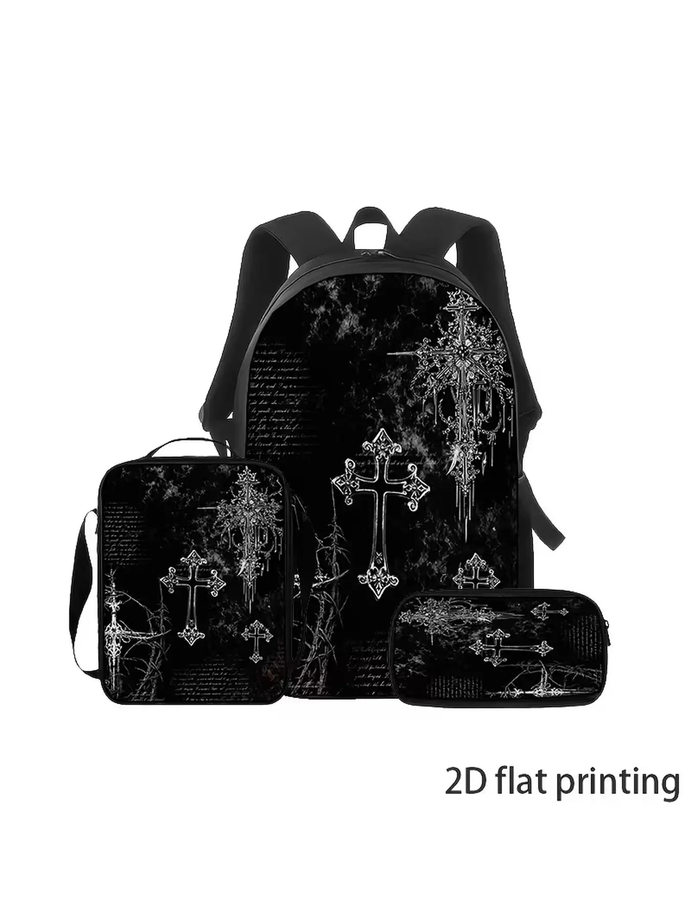 3Pcs Gothic Cross Backpack Set, Punk Dark Aesthetic School Backpack with Lunch Bag & Pencil Case, Large Capacity Student Bookbag for Teens