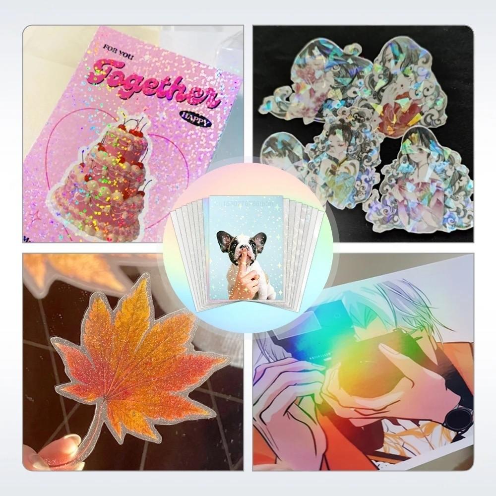 10 Sheets A4 Size Cold Press Laminated Waterproof Transparent Holographic Star Sticker Film, Self-Adhesive Photo Laminate for Festive Parties Handmade Crafts