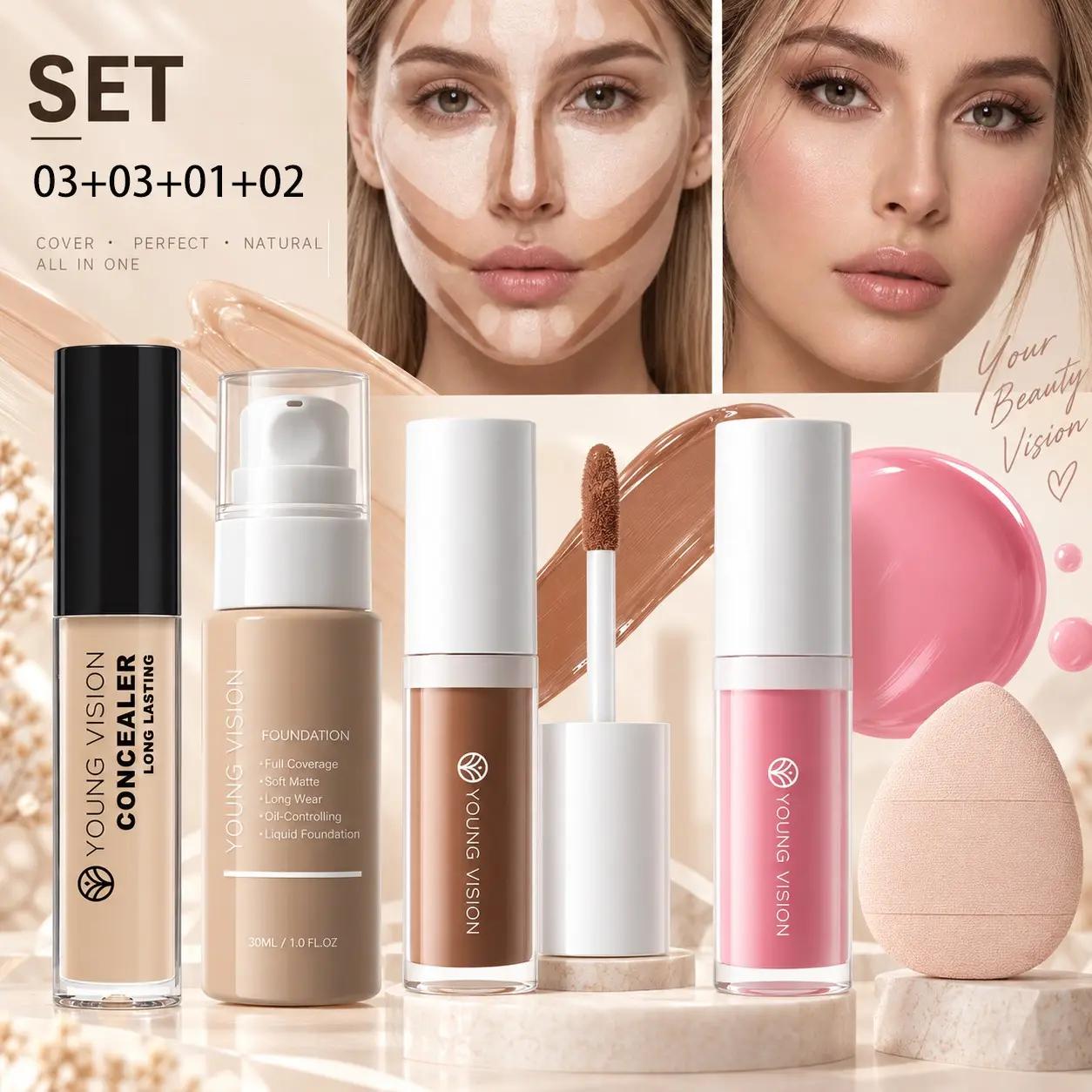 YOUNG VISION Complete Foundation Makeup Set, Liquid Foundation, Concealer, Highlighter, Blush, Thumb Brush Included, Full Coverage