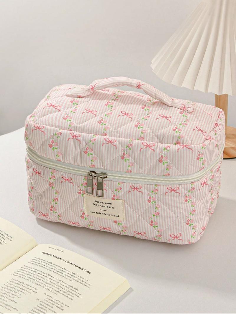 Striped & Floral Pattern Quilted Makeup Bag Set, 1 Set/ Large Capacity Portable Makeup Bag, Travel Essential Makeup Bag, Daily Makeup Bag, Makeup Storage Bag, Travel Cosmetic Bags