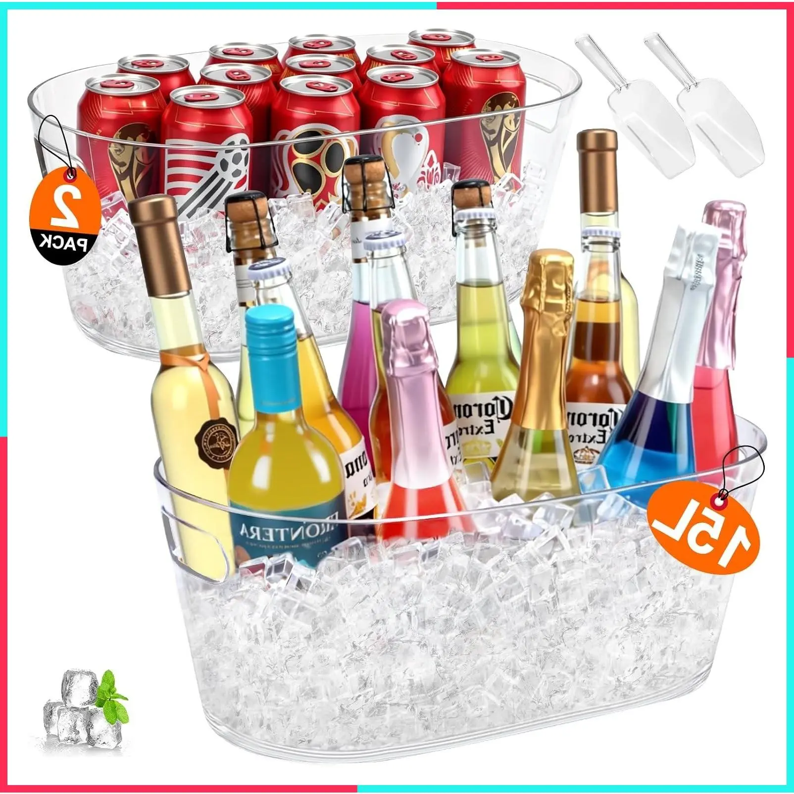 Ice Buckets for Parties 2 Packs, 15L Large Ice Bucket with 2 Scoops, Clear Acrylic Plastic Tub for Home Office Fridge Storage, Supplies for Champagne, Beer, Cocktail on Mimosa Bar Drinks and Parties