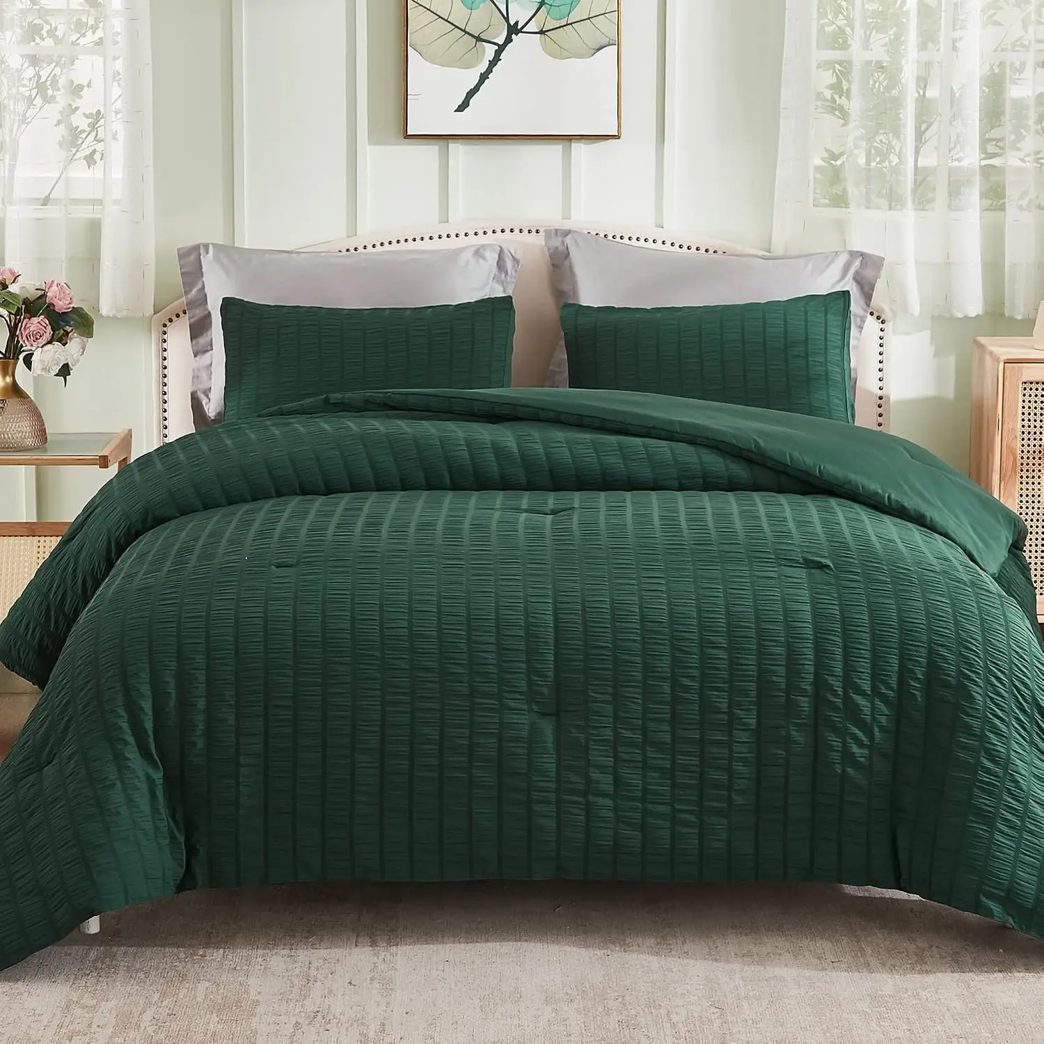 Dark Green Seersucker California King Comforter Set (104x96 inches), 3 Pieces-100% Soft Washed Microfiber Lightweight Comforter with 2 Pillowcases, All Season Down Alternative Bedding Set