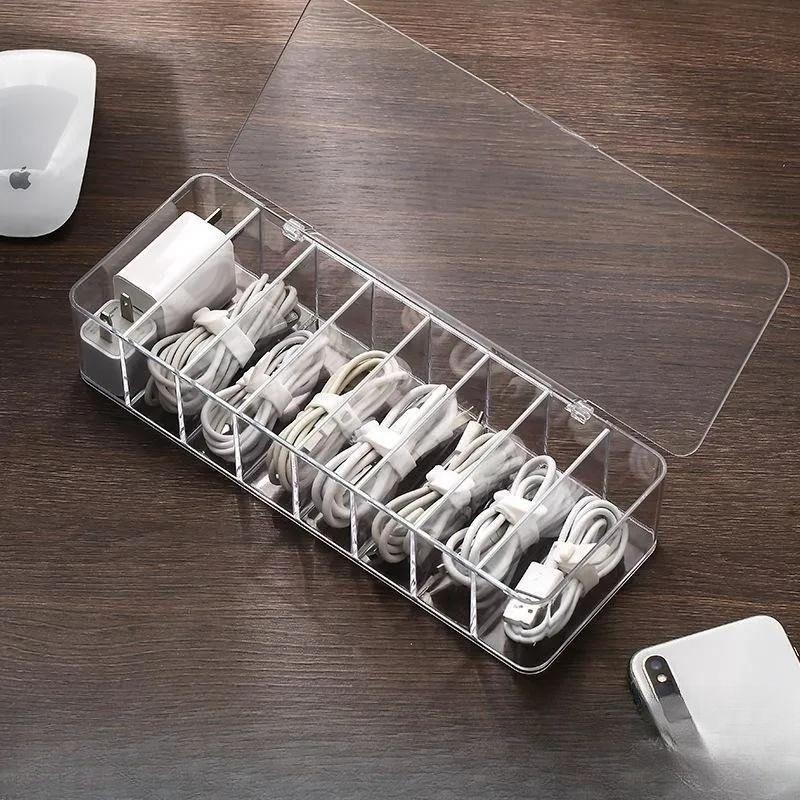 Multifunctional Headset Data Charging Line Cable Storage Box Transparent Plastic Data Line Storage Container for Desk Stationery Cable Organizer