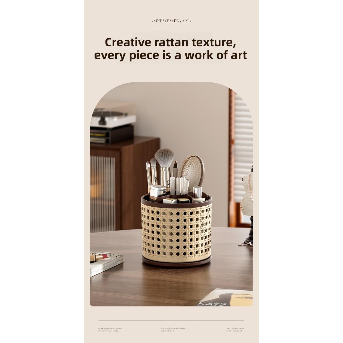 360° Rotating Pen Holder, Spacious Desktop Organizer for Students, Makeup Brush Storage Box, Independent Compartments, Vintage Style Design