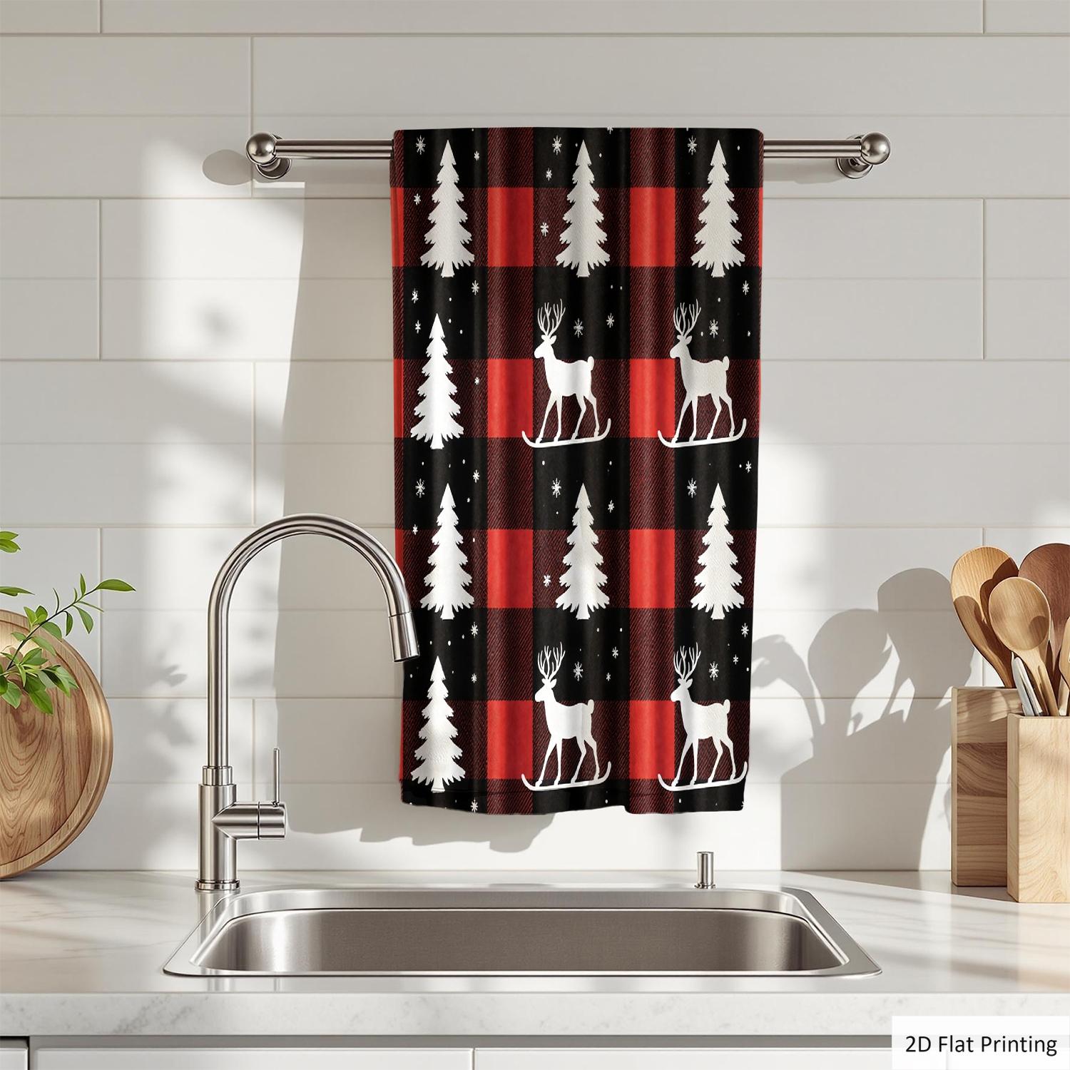 1Pc Christmas themed Buffalo check Fabric with Trees and Reindeer Bathroom Hand Towel Bath Towel, Multiple Size Microfiber Towel, Ultra-Soft Quick Dry and Absorbent Polyester Large Bath Towel, Kitchen Towels, Festiv