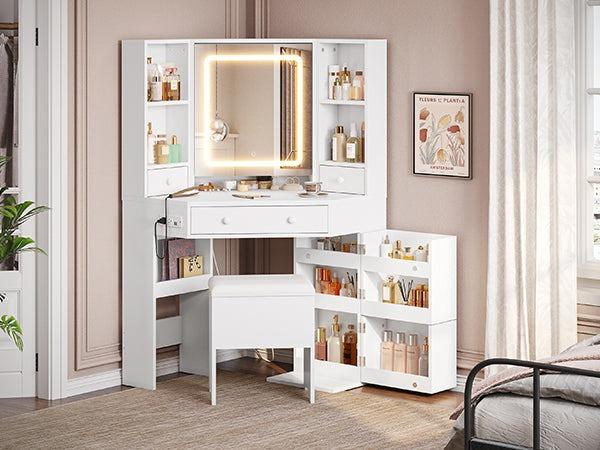 Sikaic Corner LED Makeup Vanity Desk With Storage Stool And Charging Station Mirror Drawers, Rotating Shelves