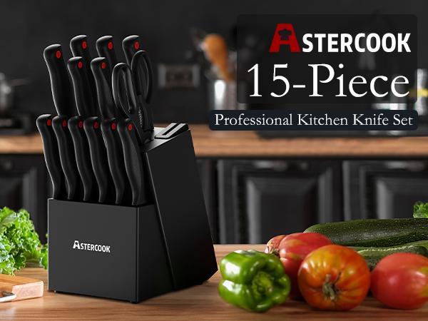 Astercook 15-Piece Stainless Steel Kitchen knives with Built-in Sharpener, Chef & Steak Knives, Bread Knife, Scissors, and Butter Knife - Springtok Block