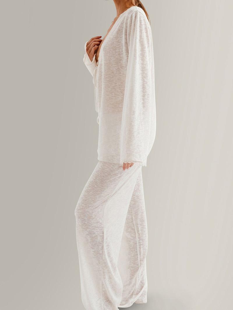 Women's Solid Color Lace Trim Top & Pants Loungewear Two-Piece Set, Elegant Comfy Breathable Outfits for Women, Women's Sleepwear for Summer, Pajama Set