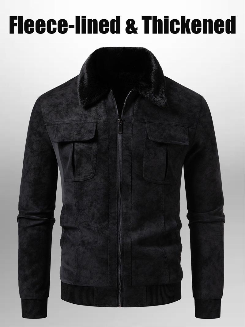 Men's Winter Velvet Jacket, Fleece Lined Thick Fur Collar, Vintage Lapel Multiple Pockets, Warm Motorcycle Coat