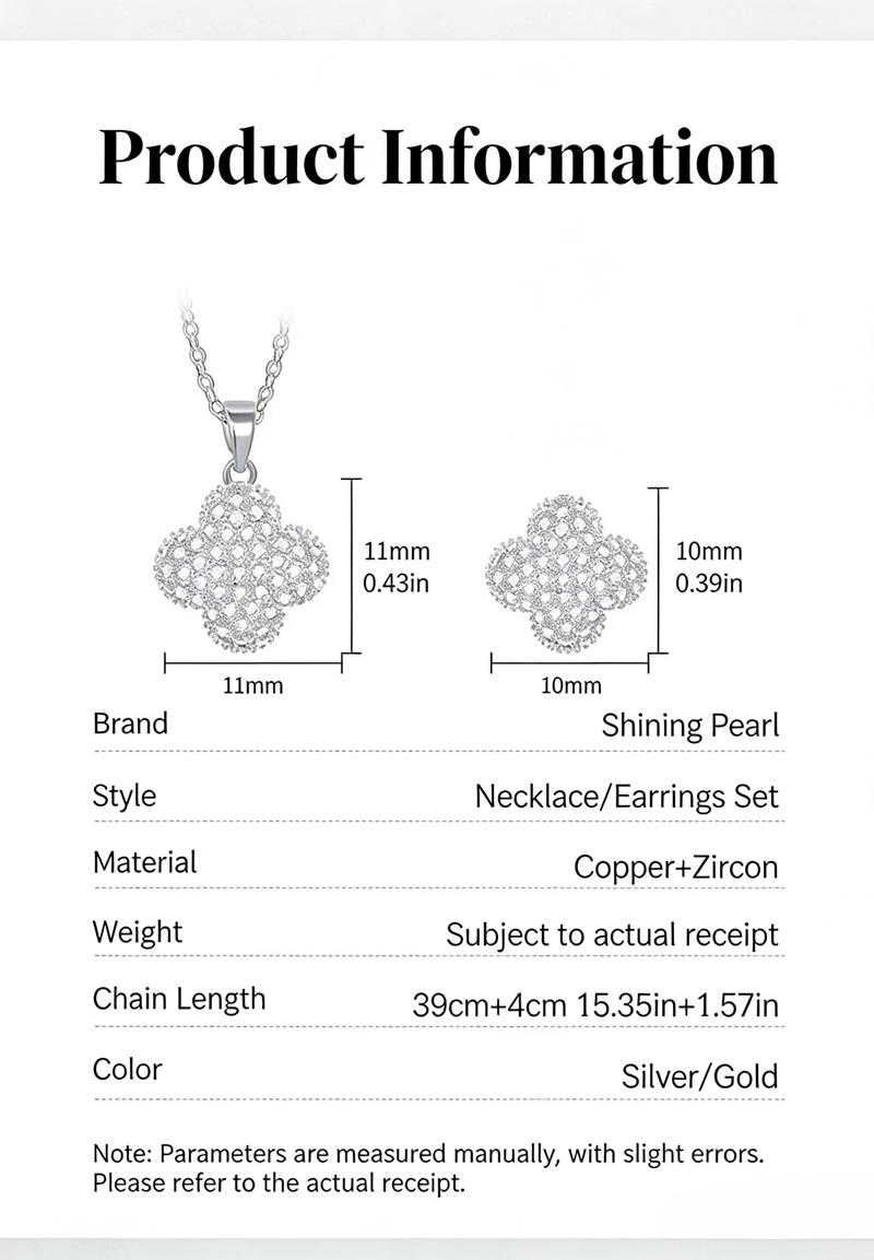 Shiny Pearl Copper Earrings and Necklace Set, Brushed Four-leaf Clover, Non-fading, Women's Light Luxury High-end Cross-border Jewelry