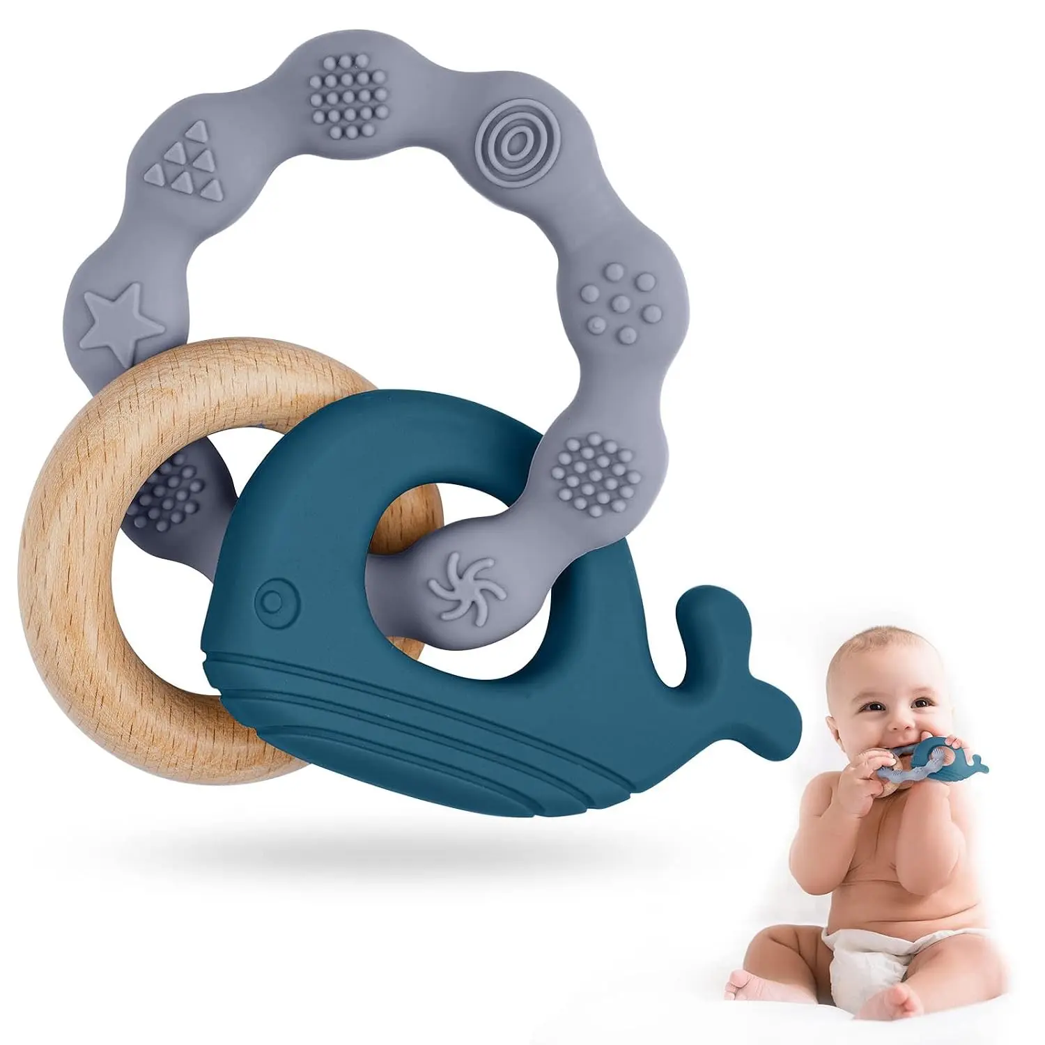 Natural Wood & Silicone Baby Teething Rings - Chewable Teether Toy for Babies 3+ Months, Newborn Gift (Blue)(Gift)