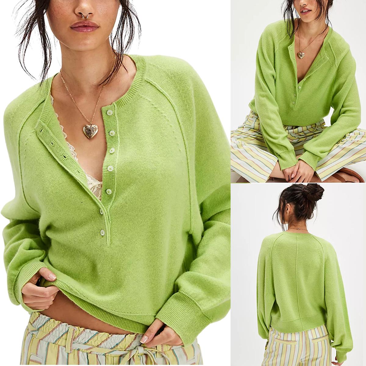 Buenoble Women Loose Button Front Knit Pullover Henley Neck Long Sleeve Knitwear Solid Cropped Sweater