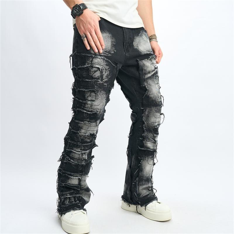 Men's Destroyed Biker Jeans | Y2K Hip Hop Raw Hem Design | Slim