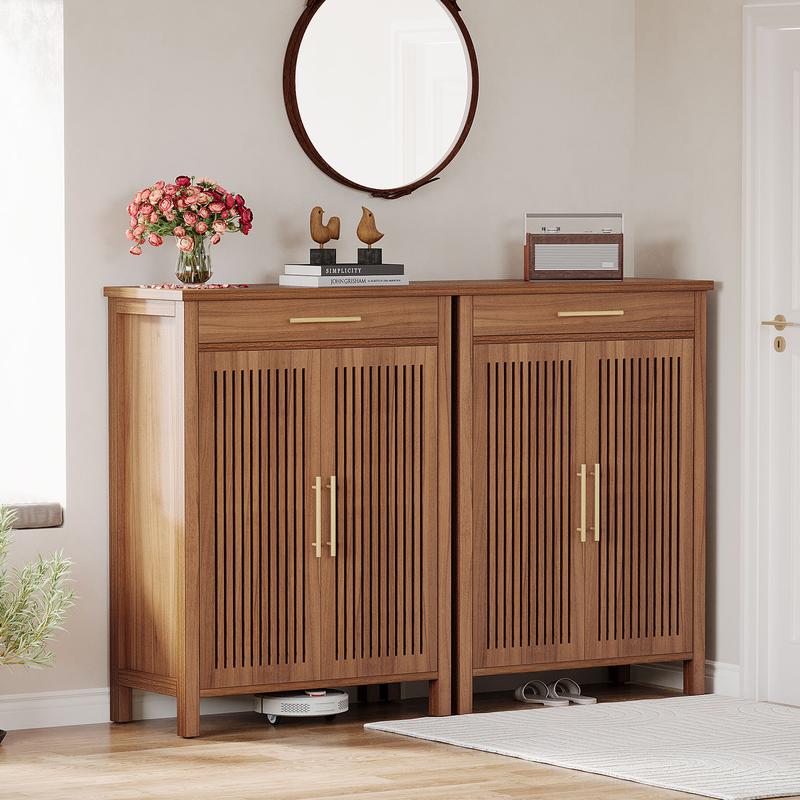 LITTLE TREE  Shoe Cabinet, 5-Tier Shoe Storage Cabinet with Louvered Doors and Drawer, Freestanding Wooden Shoe Rack Organizer with Adjustable Shelves for Entryway, Hallway, Closet(All Color With Adjustable Shelves)