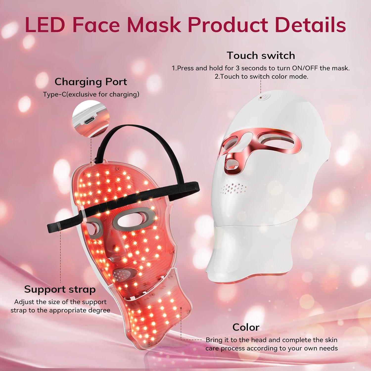 Cordless 7 Color LED Facial Neck Mask, Rechargeable Portable LED Light Mask, Ergonomic Portable Skincare Tool for Home Travel Yoga, LED Face Mask for Personal Skincare, Ideal Gift for Women Men