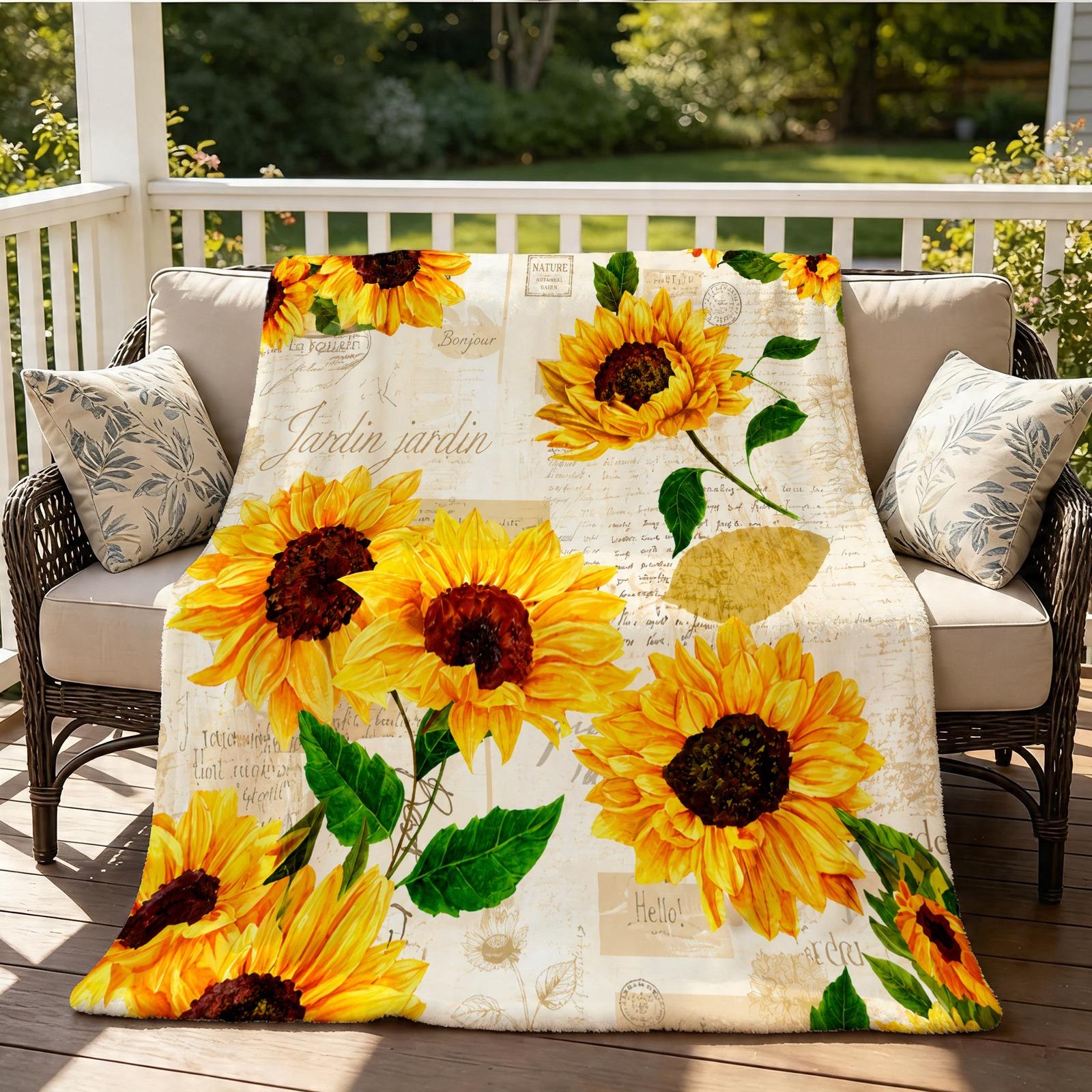 Sunflower Themed Flannel Throw Blanket, Single-Side HD Printed, Retro Farmhouse Style, Soft & Lightweight Multi-Use Blanket for Napping, Camping, Picnics & Home Decor, Suitable for Teens & Adults, Heartfelt Gift for Her