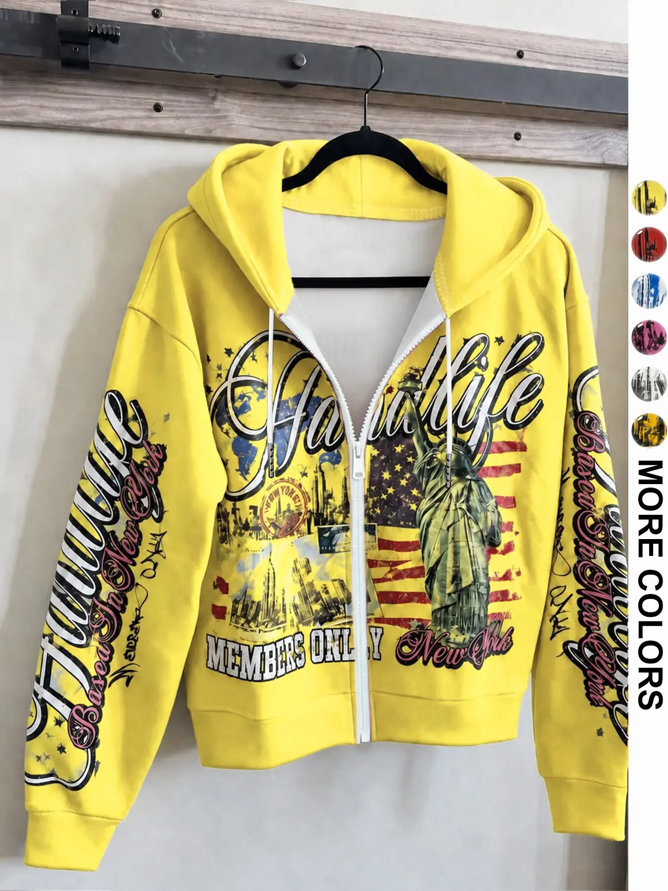 Men's Street Style Spring Casual Statue of Liberty Graphic Hooded Zip Up Sweatshirt Jacket, Y2K Fashion Long Sleeve Slim Fit