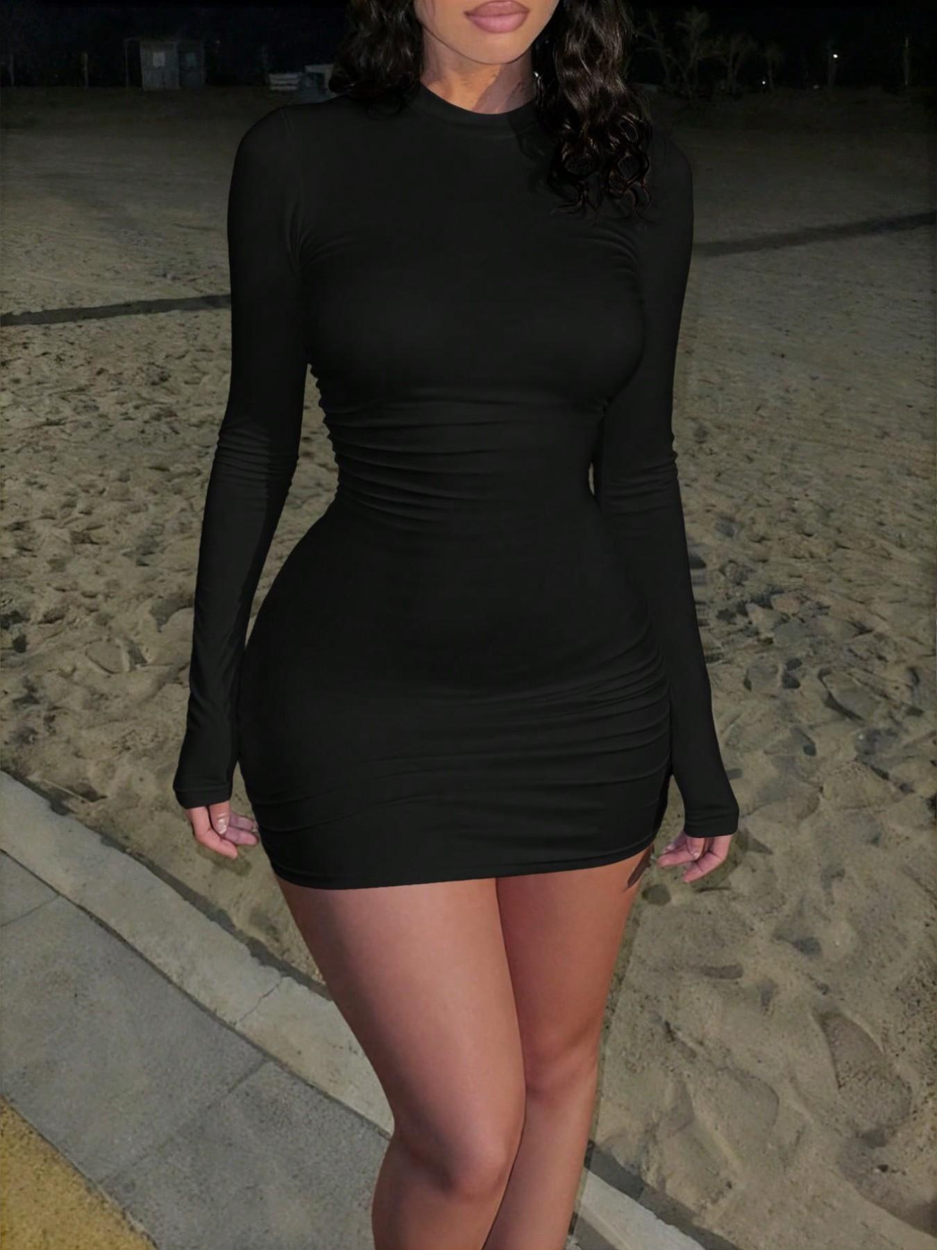 Black Bodycon Dress for Women Lady Long Sleeve Crew Neck Mini Dress Womenswear High Stretch Slim Black Bodycon Dress for Women Lady Long Sleeve Crew Neck Mini Dress Womenswear High Stretch Slim