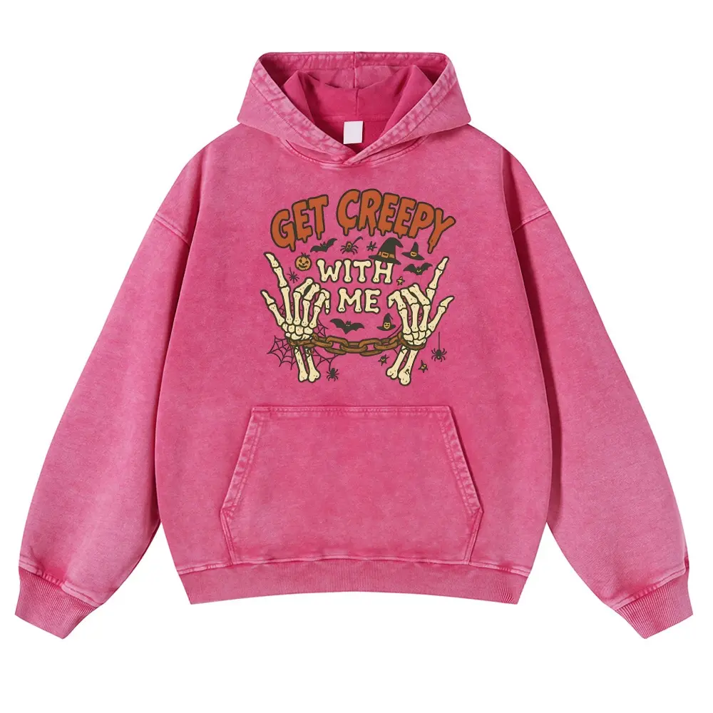Vintage Washed Pink Halloween Hoodie Get Creepy With Me Skeleton Graphic Sweatshirt Oversized Acid Wash Spooky Season Unisex Pullover