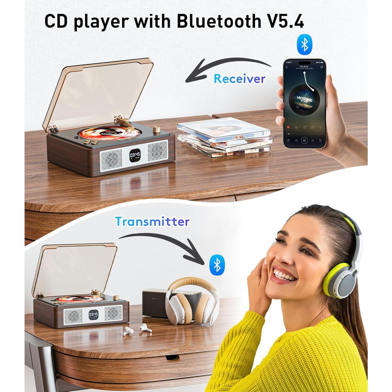 Retro Cd Player Can  to USB,Nostalgic  CD Player for ,Built-in Speakers with LCD Screen,Supports Coaxial/3.5mm/FM Radio with Remote Control-Wired Walnut Brown