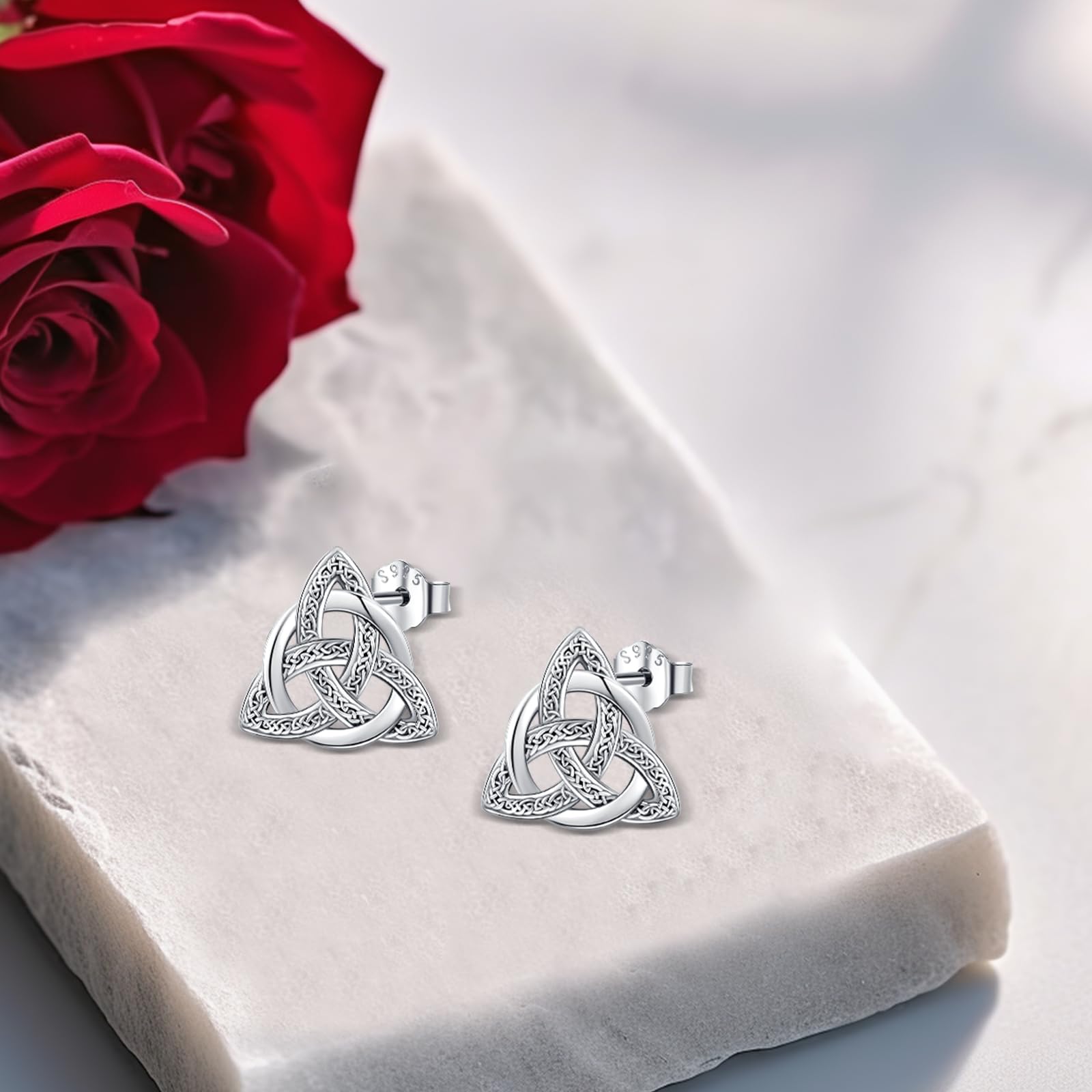 DRINSPER 925 Sterling Silver Celtic Knot Stud Earrings for Women Men for Pagan, Trinity Knot Earrings, Triangle Design
