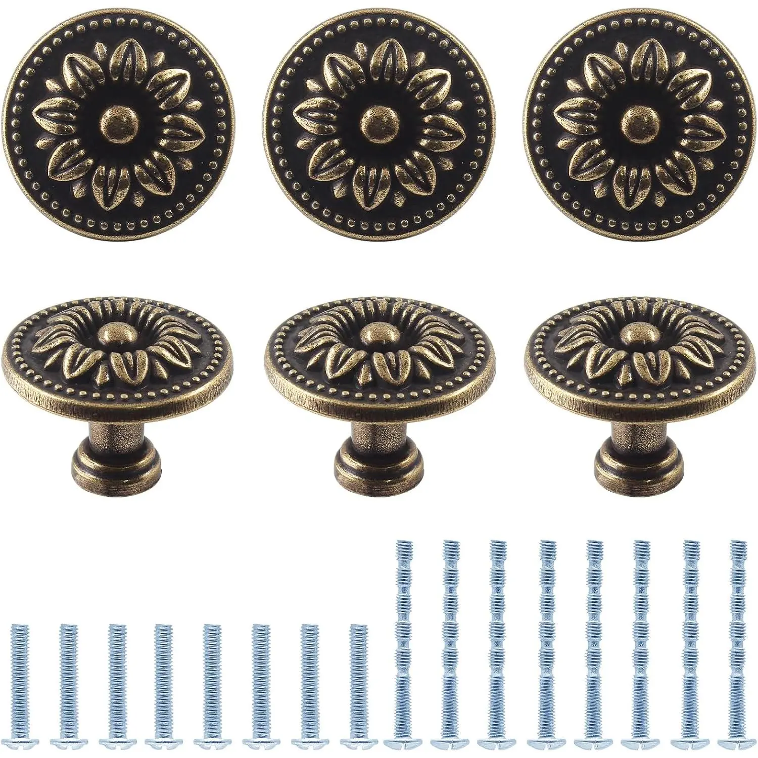 6PCS Antique Flower Drawer Knobs Vintage Bronze