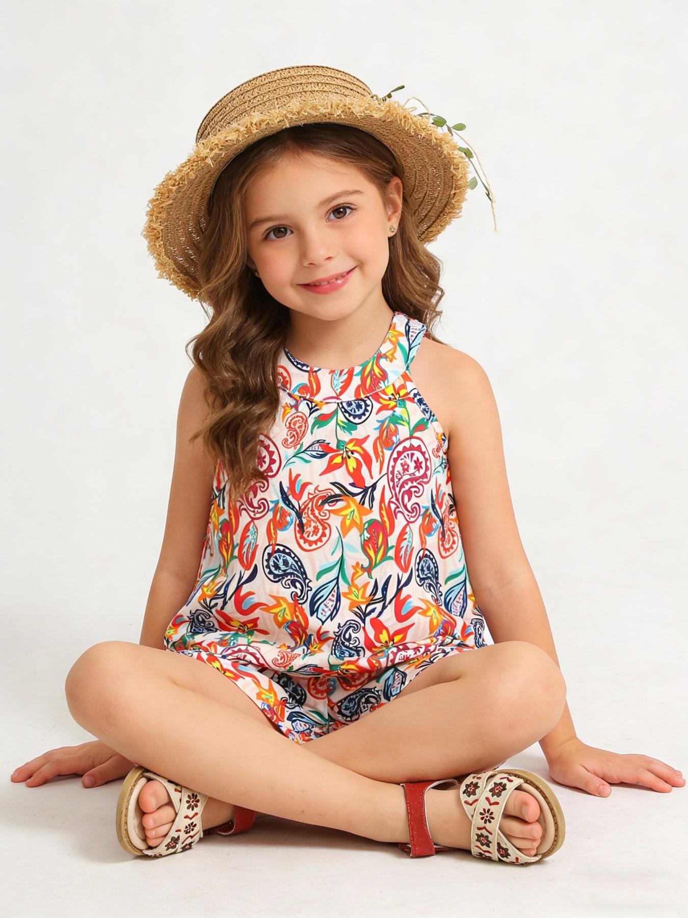 Girls' Colorful Floral Paisley Set, Lightweight Sleeveless Top + Loose Shorts, Bohemian Style Summer for Kids Aged 2-7 Years