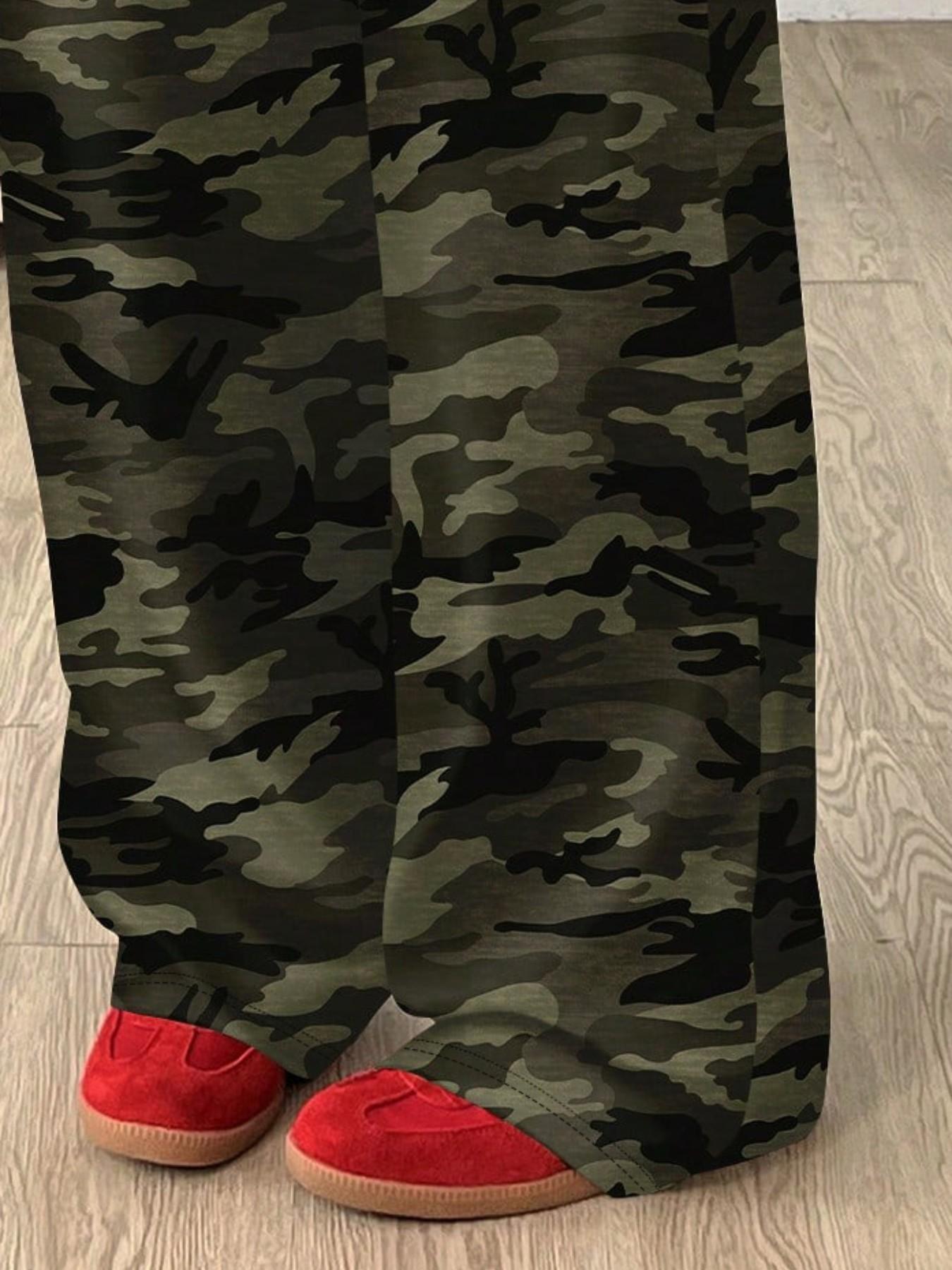 Trendy Camouflage Star Print Wide Leg Pants, High Waist Drawstring Elastic Waist Street Style, Multiple Colors Available