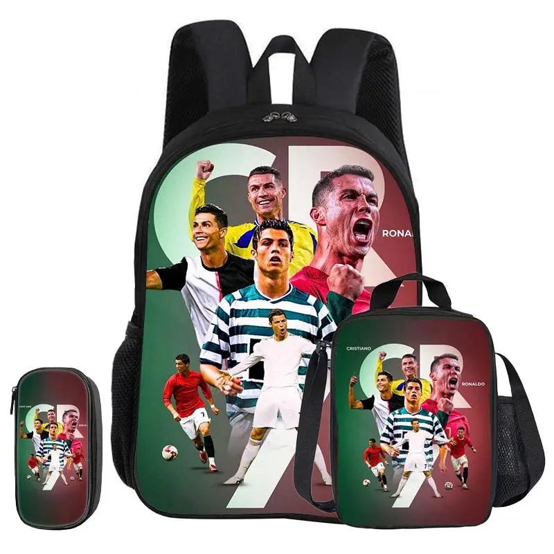 Ronaldo 3Pcs Set School Backpack CR Football Star child Rucksack Pencil Bags Bookbag Lunch bag Football Sport Knapsack Kids Gift