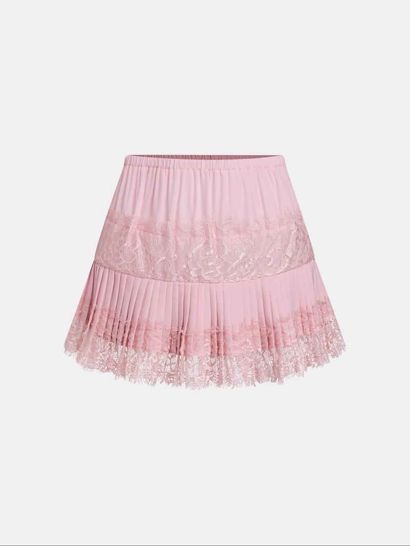 1 piece Valentine Women's Lace Patchwork Ruffle Short Skirt, Elegant Sweet Style, Long Leg Look, Perfect for Casual & Party Wear
