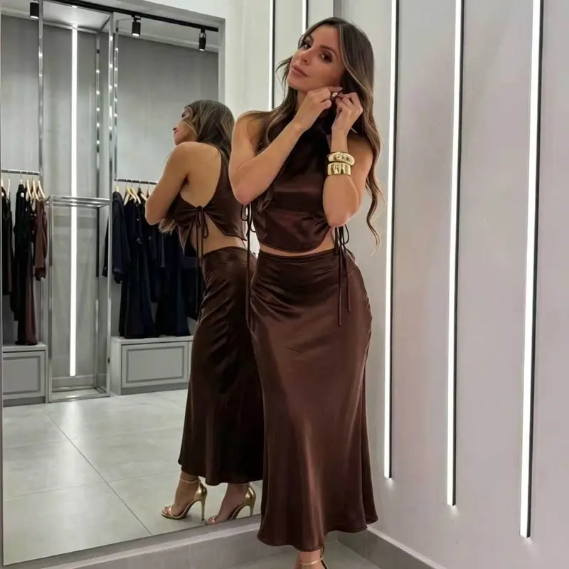 Elegant Satin Halter Backless Top High Waist Fish Tail Skirt Set, Luxurious Lady Style Tie Wrinkle Party Dress Two Piece