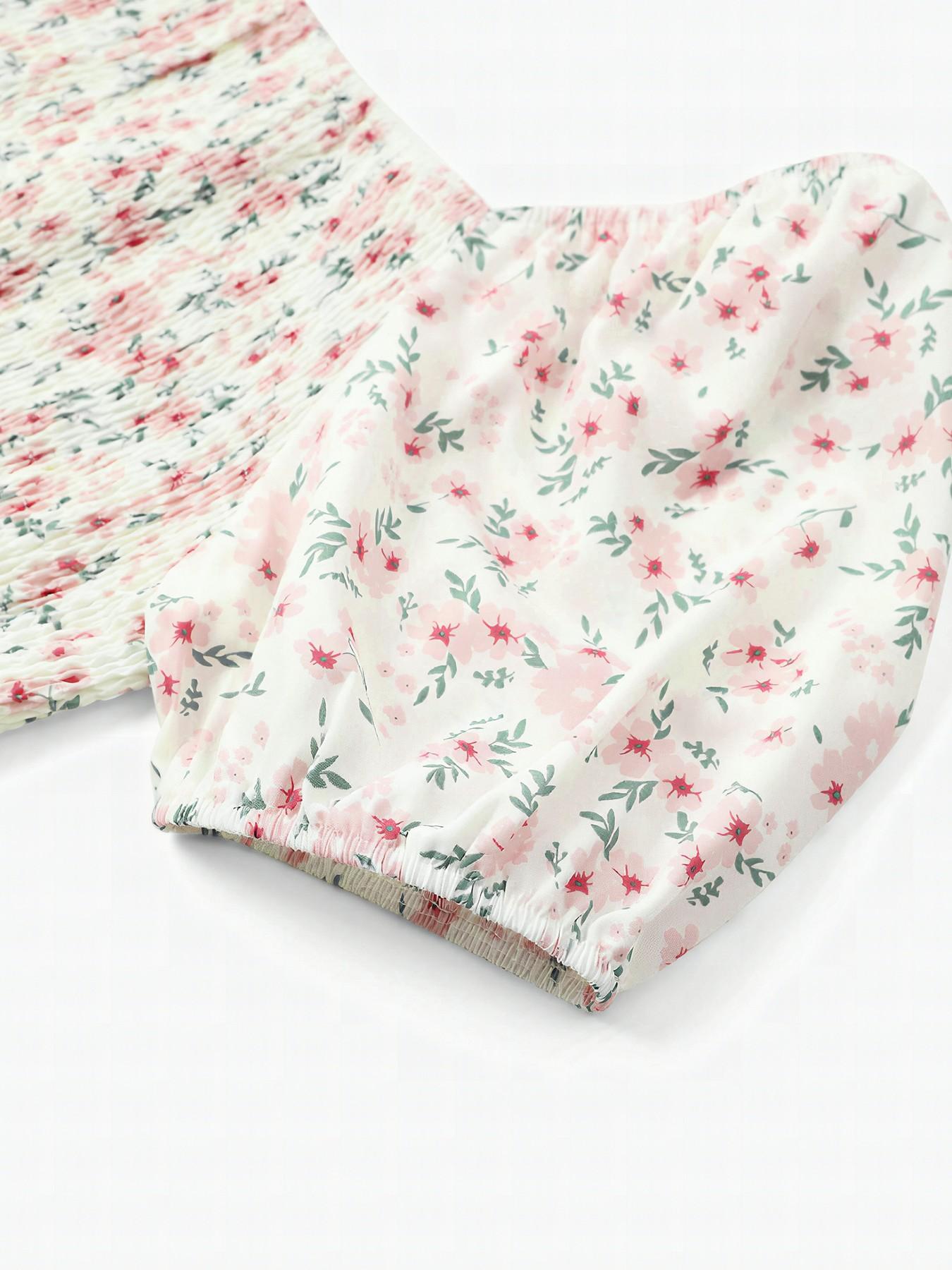 Women's Airy Elegant Chic Aesthetic Boho Style Allover Floral Print Scoop Neck Short Sleeve Pleated Maxi Dress for Summer