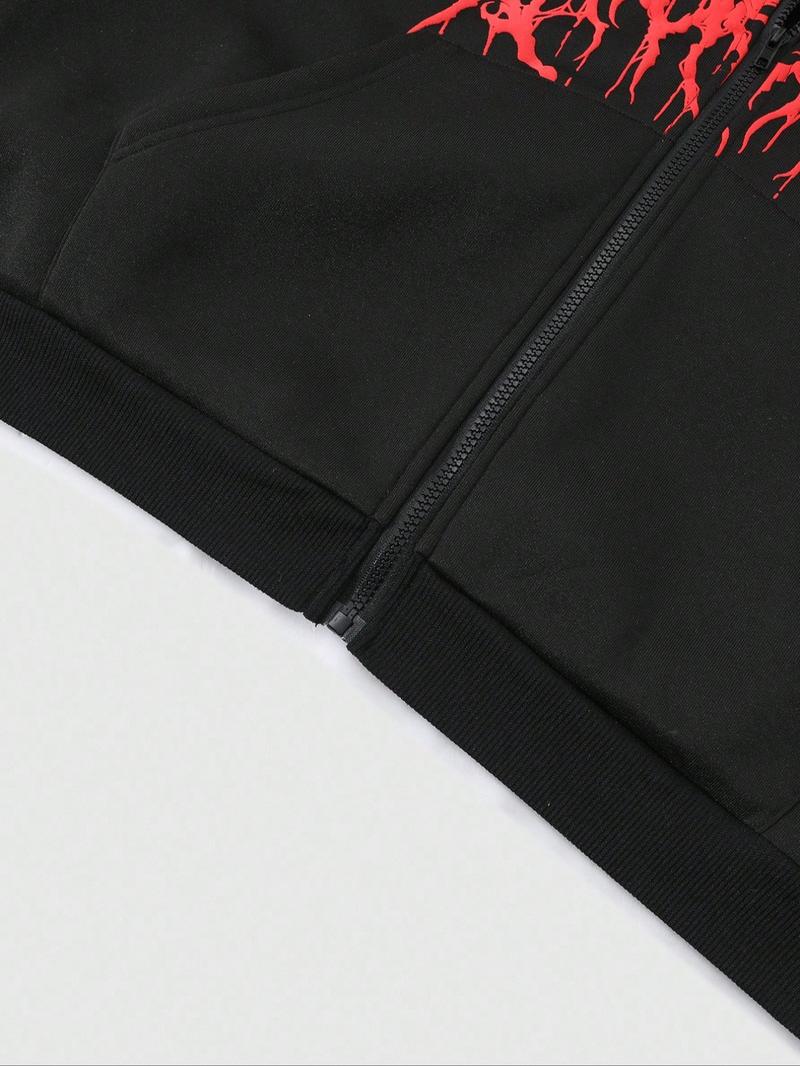 Y2K Cyber Grunge Full Zip Hoodie with Red Furry Hood | Gothic Graphic Oversized Jacket for Vampire Aesthetic | Underground Streetwear for Winter Music Festivals & Night Out