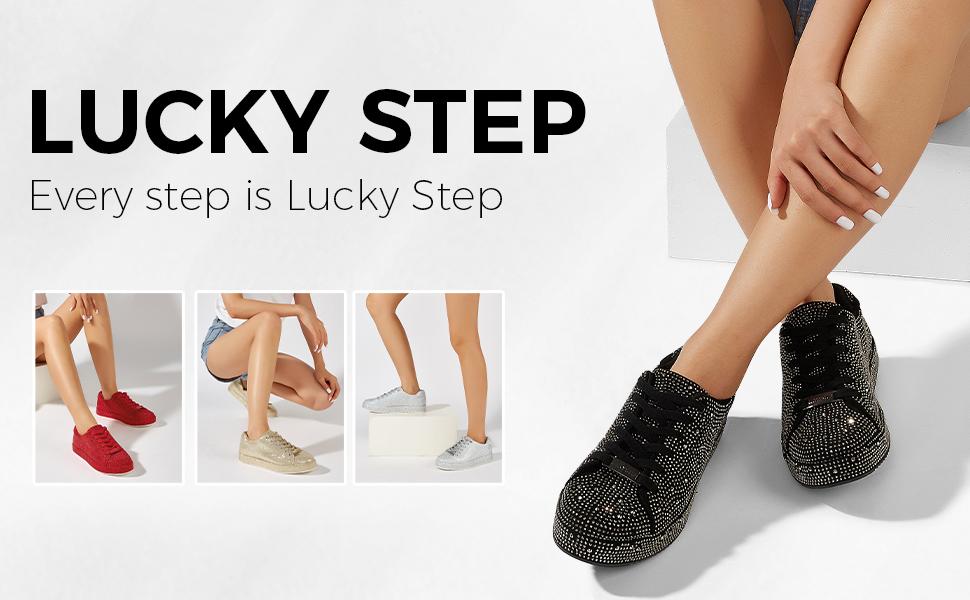 LUCKY STEP Platform Rhinestone Fashion Glitter Sneakers Sparkly Bling Bedazzled Wedding Bridal Shiny Shoes for Women Non-slip TPR Outsole Casual Footwear