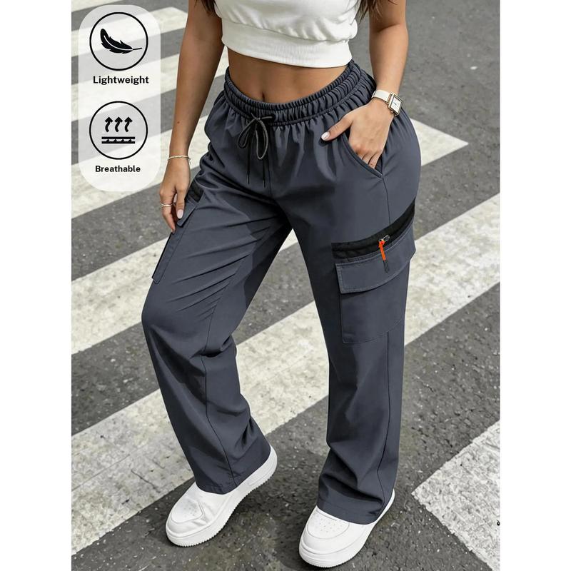 Women's Loose Summer Activewear Athletic Sportswear Bottoms - Breathable Comfortable Thin Work Pants with Zipper Decoration, Multi-Pocket Waist Drawstring, Suitable for Daily Wear & Outdoor Sports