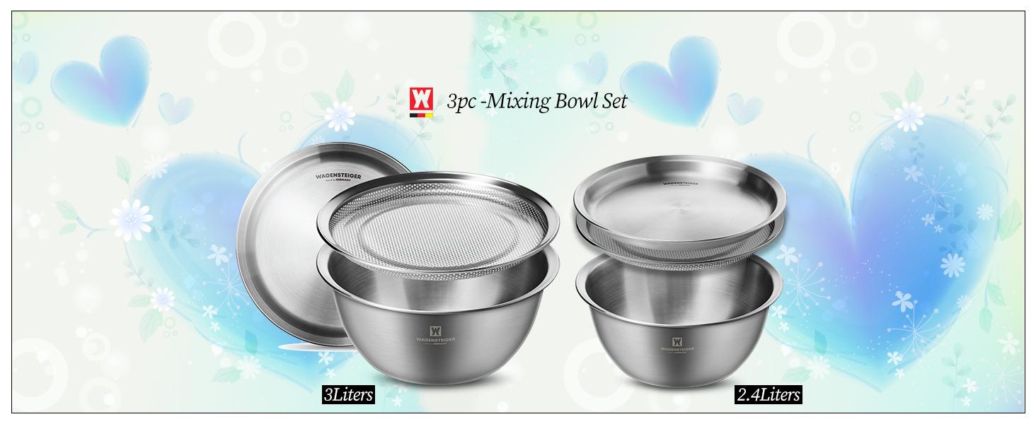 3-Piece Stainless Mixing Bowl Set with Strainer & Oil Drain Tray – Nesting Prep & Baking with Measurement Marks (9.45 in)