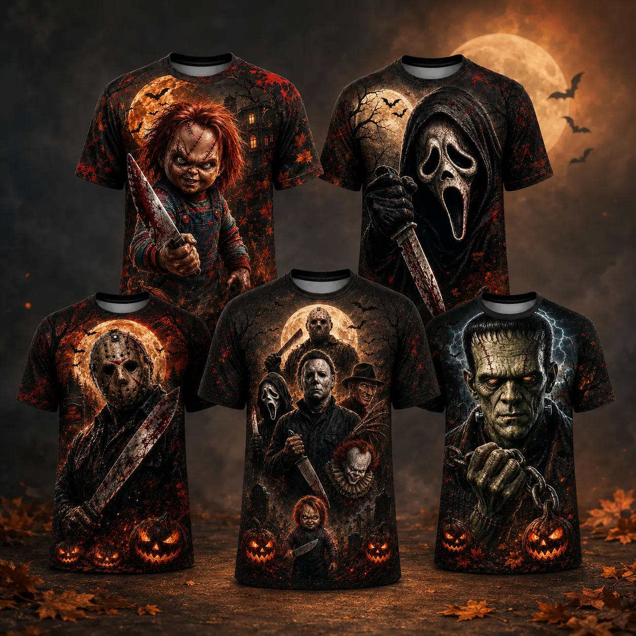 Halloween 3D All Over Print Comfy Imitation Classic Short-Sleeve Sports Tops - Horror Doll, Pumpkin, Knife, Haunted House Streetwear - Stylish Menswear Vibe Gift For Horror Fans